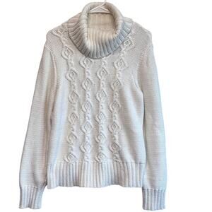 LOFT Cable‎ Knit Turtleneck Sweater White with Silver Specs Grandma Cottage Sz L